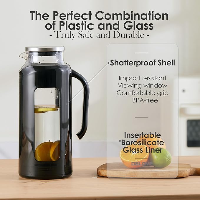 Delove Glass Pitcher with Lid & Shatterproof Shell – Heat-Resistant Borosilicate Glass Jug, 2 L/68 oz with Handle & Spout – Perfect for Iced Tea, Juice, Hot & Cold Water (Black)