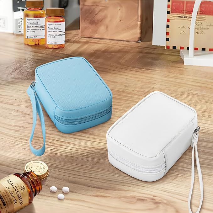 Zannaki Cute Pill Organizer for Purse with Two Removable 7-Day Pill Box, Travel PU Leather Pill Case, Portable Weekly Pill Container with Storage Bag to Hold Vitamins, Fish Oils, Supplements (Blue)