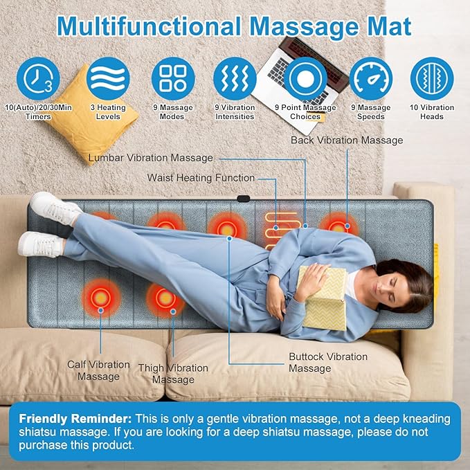 KOCASO Full Body Massage Mat with Heat with Inflatable Head Pillow Electric Vibration Massage Pad Back Massager for Chair 10 Motors 9 Modes 3 Heat Levels Lumbar Pillow for Women Men Home Office Gift