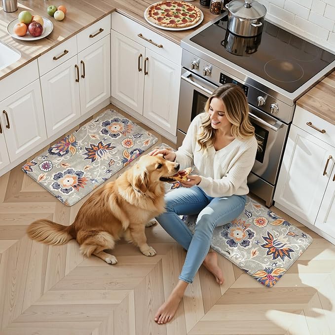 LEEVAN Anti Fatigue Mats for Kitchen Floor 2 Piece,Cushioned Memory Foam Blue Gray Kitchen Mats for Floor,Comfort Floral Boho Non Slip Kitchen Floor Mat for Sink,Laundry,Office(20"x31"+20"x47")
