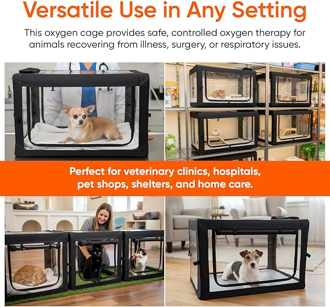 Oxygen Therapy Cage for Pets – Veterinary Oxygen & Nebulizer Chamber for Dogs, Cats, Puppies, Sheep – Portable Oxygen Concentrator with Tubing Kit, Soft Mat, Venturi Adapters, Nebulizer, T-Fitting