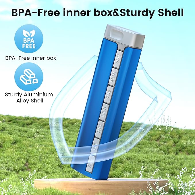 Daviky Metal Travel Pill Organizer, Premium Aluminum Pill Box 7 Day, Weekly Daily Pill Case, Stylish&Cute Pill Holder for Medicines, Supplements and Vitamins (Blue+Gray)
