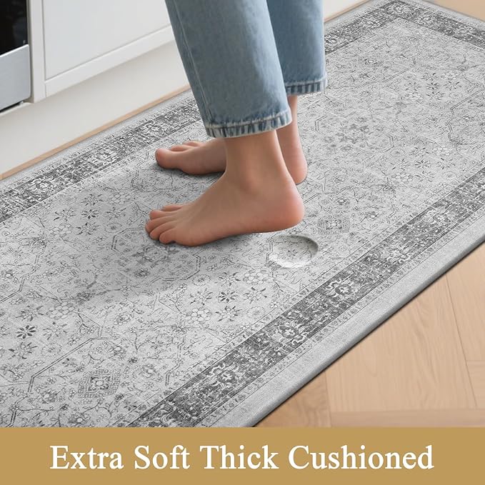 Pauwer Anti Fatigue Kitchen Floor Mats Set of 3, PVC Foam Padded Kitchen Rugs, Non Slip Cushioned Comfort Standing Mat, Waterproof Sink Rug for Small Kitchen Area, Laundry Room, Light Grey