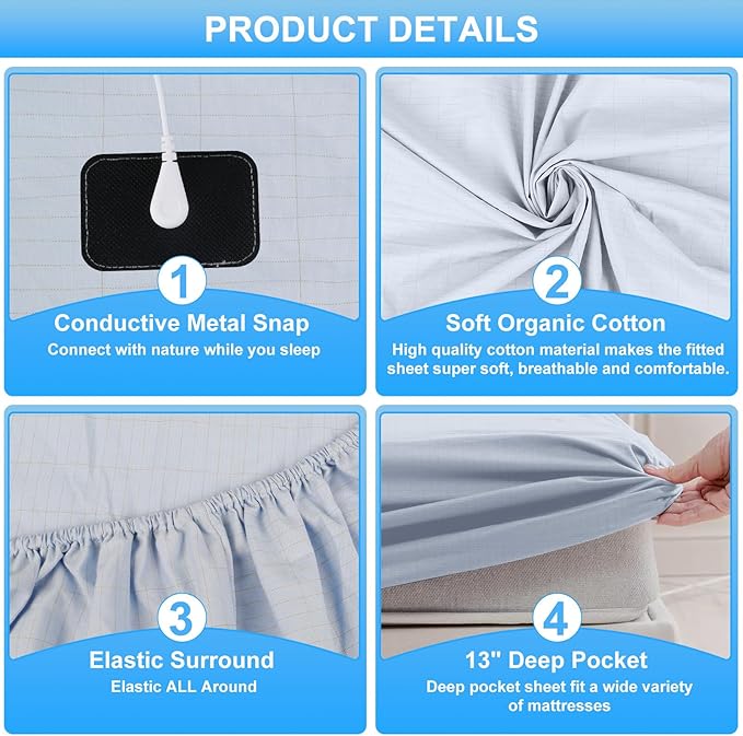 Grounding Sheets for Earthing Twin XL Size, Fitted Earthing Sheets Grounding Fitted Sheet for Improving Sleep, Better Working and Help with Anxiety, Organic Cotton & Silver Fiber, Blue