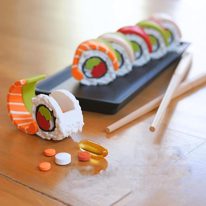 Sushi Supplements - Weekly Pill Container and Keychains, Sushi Pill Case, Contains 7 Sushi Roll Containers, Creative Portable Mini 7 Day Weekly Pill Storage Case Box (Multicolor)