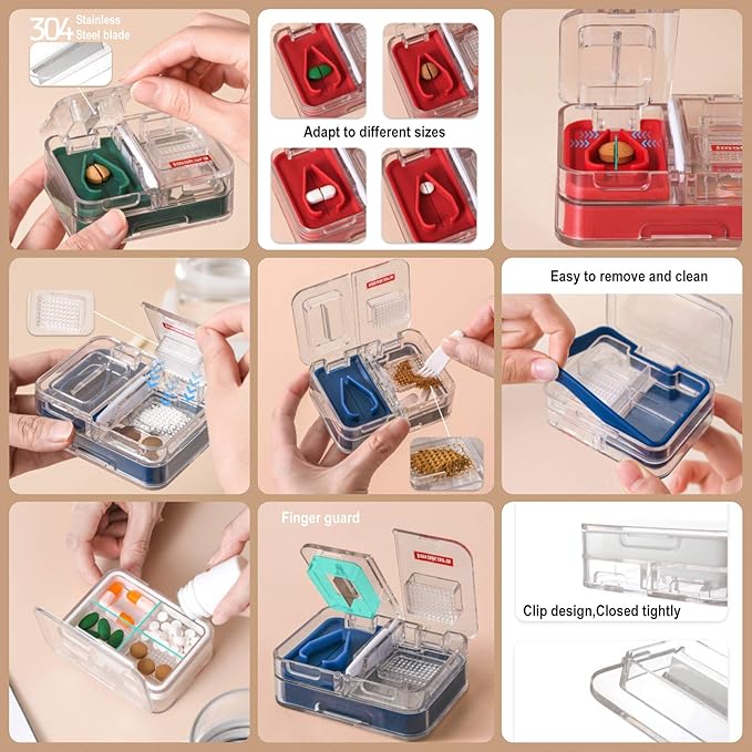 3 in 1 Japanese Multifunctional Pill Cutter,Double-Deck Pill Splitter for Small or Large Pills in Half,Pill Crusher & Grinder,Moisture-Proof Medicine Vitamin Organizer,Medicine Organizer Box