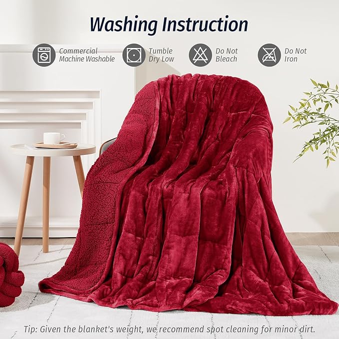 Wemore Sherpa Fleece Weighted Blanket for Adult,20 lbs Dual Sided Cozy Fluffy Heavy Blanket,Ultra Fuzzy Throw Blanket with Soft Plush Flannel Top,60 x 80 inches for Queen Burgundy on Both Sides