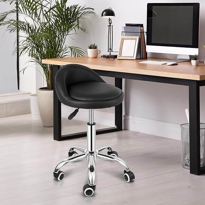 Hydraulic Rolling Stool with Back Support,300LB Capacity Black Adjustable Height Swivel Chair with PU Leather Seat and Lumbar Support,for Salon Spa Tattoo Massage Clinic Office