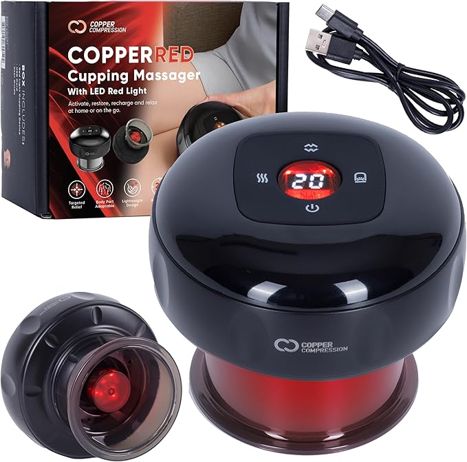 CopperRed™ by Copper Compression Cupping Massager. Red Light Therapy + Heat + Suction for Muscle Comfort, Joint Support, Circulation, Wellness, Pain & Relief. Multifunction, Adjustable & Rechargeable