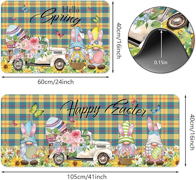 Easter Anti Fatigue Kitchen Mat Set of 2 Spring Non Slip Rubber Runner Rug Flower Gnomes Truck Floor Mat Quick Absorbent Comfort Cushioned for Standing Sink Entryway Laundry 16x24+16x41in