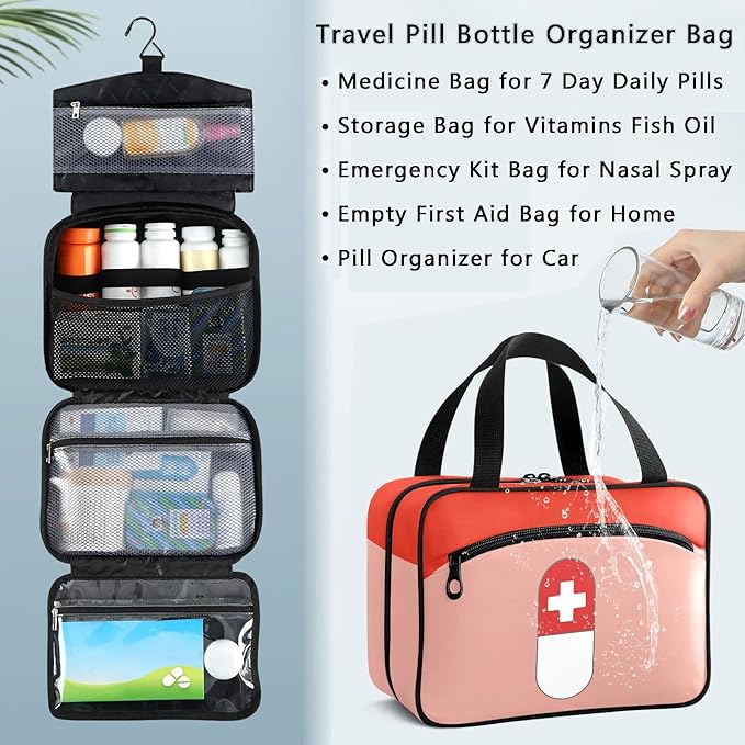 Naanle Pill Organizer Bag Travel Pill Bottle Medicine Organizer Home Storage Medication Bag for Vitamin Supplements, Pill with Cross First Aid Bag for Car Camping