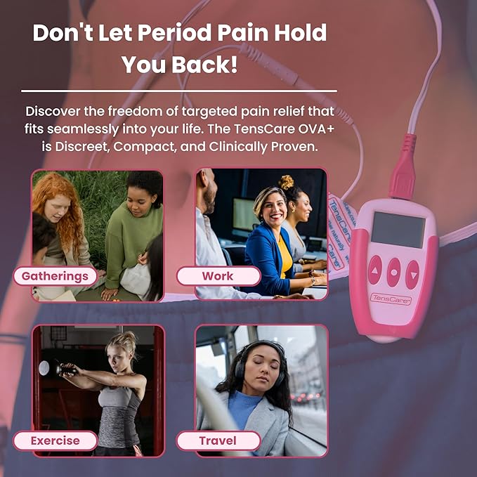 TensCare OVA+ - 4 Tailor Made TENS Programmes for Pain Relief from Period Pain, Dysmenorrhea. Silent Unit to be Used at Home, Work or on The Go