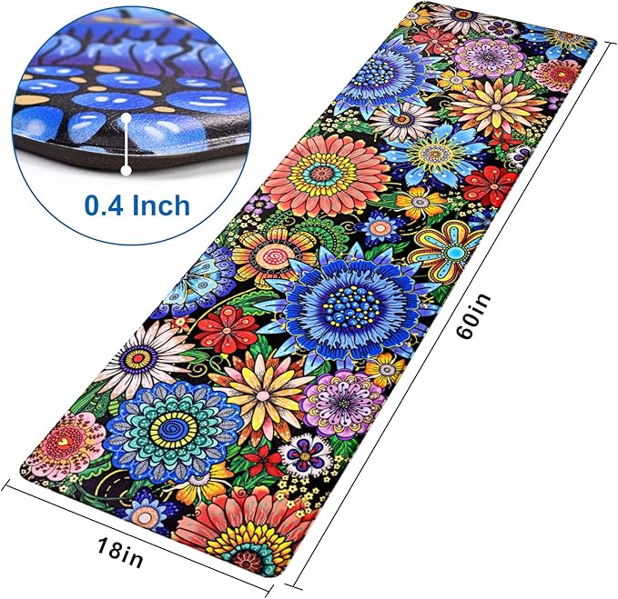 Likiyol Boho Kitchen Rugs, Boho Floral Anti Fatigue Kitchen Mat for Floor, Bohemian Flowers Non Slip Washable Kitchen Floor Mats, Comfort Standing Mat, 18'' x 60''