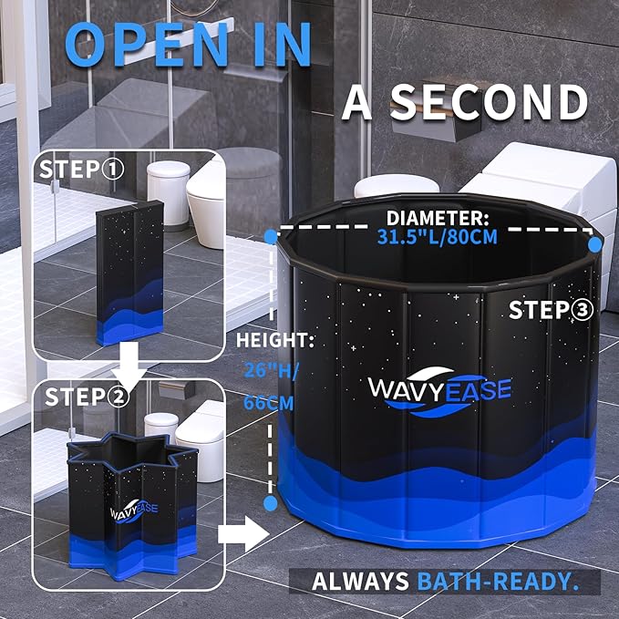 WAVYEASE® Portable Bath Tub for Adults -(31.5"L x 26"H) Foldable Cold Plunge Tub for Recovery - Collapsible Soaking Bath Tub for Shower Stall - Outdoor Ice Bathtub for Athletes (Black)