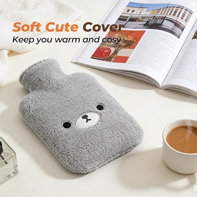 samply Hot Water Bottle with Cute Fleece Cover, Hot Water Bag for Hot and Cold Compress, Hand Feet Warmer, Neck and Shoulder Pain Relief, Grey Bear