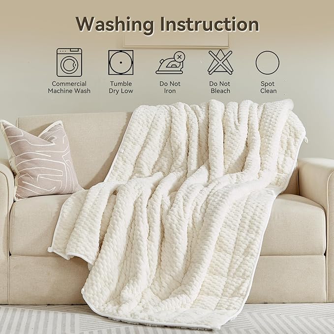 Weighted Blanket Queen Size for Adults,15lbs Jacquard Sherpa Heavy Blanket for Calming and Relax, Dual Sided Ultra Soft Fuzzy Throw Blanket with Glass Beads, 48" x 72", Cream White