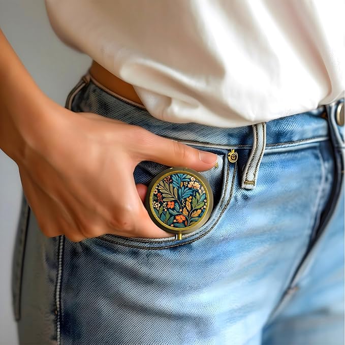 Small Pill Case Pill Box with Mirror Retro 3 Compartment Pill Holder for Purse or Pocket Bronze Portable Medicine Vitamin Container Fish Oil and Supplement Storage BPA-Free(Art Nouveau)