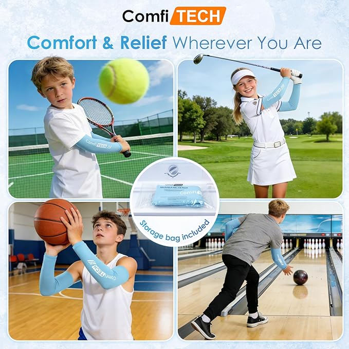 ComfiTECH 2 Pack Youth Full Arm Elbow Ice Pack Sleeve for Tennis, Golfers, Throwing, Pitchers, Young Athletes, Flexible Cold Pack for Forearm Discomfort, Muscle Relaxation & Outdoor Sport, Small