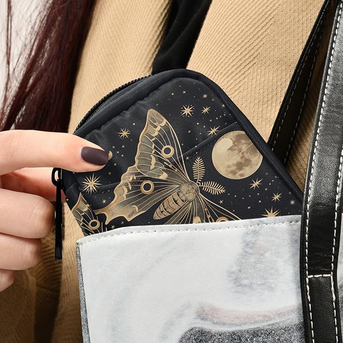 Moth Moon Pill Organizer Travel Bag Compact Twill Pouch with Insert Box & Elastic Slots for Daily Medication Gym & Hotel Use