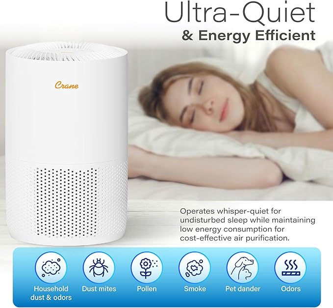 Crane True HEPA Air Purifiers for Home, Up To 300 Sq Ft, Air Purifiers For Bedroom, and Office, Removes Dust, Smoke, Pet Dander, and Allergens, Purifier HEPA with Sleep Timer, Child Lock, Filter Alert