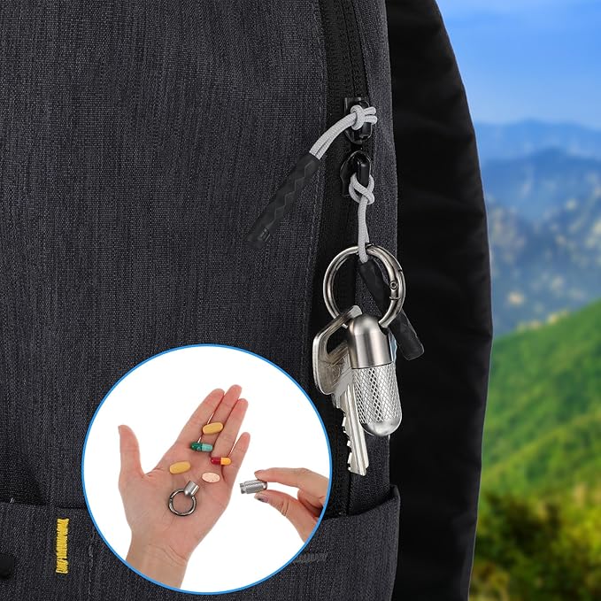 Keychain Pill Holder Small Pill Case Keychain Mini Metal Medicine Organizer Container Waterproof Portable Carabiner Clip Emergency Medicine Bottle for Outdoor Camping Travel Purse Pocket