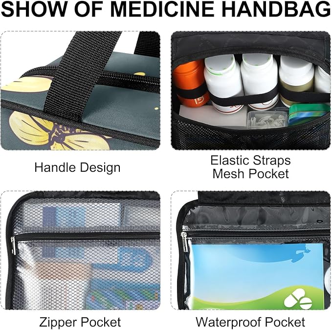 Fustylead Cute Frog and Red Mushroom Butterfly Travel Medicine Organizer Bag Home Storage First Aid Kit Large Pill Case with Zipper for Pill Bottle, Vitamins, and Medical Supplies