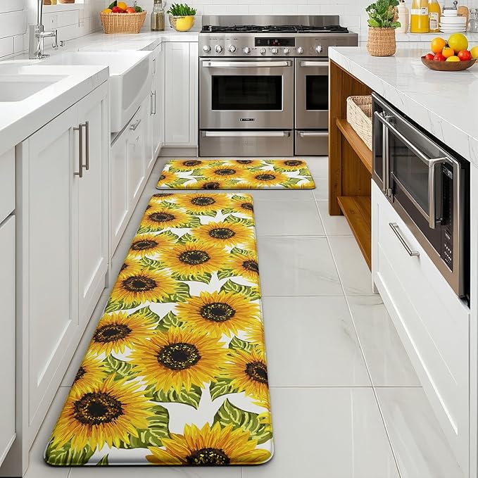 Sunflower Kitchen Mats for Floor - Anti Fatigue Mats for Kitchen Floor, Cushioned Non-Skid Washable Memory Foam Rug for Office, Sink, Laundry (17.3"×59"×0.47")