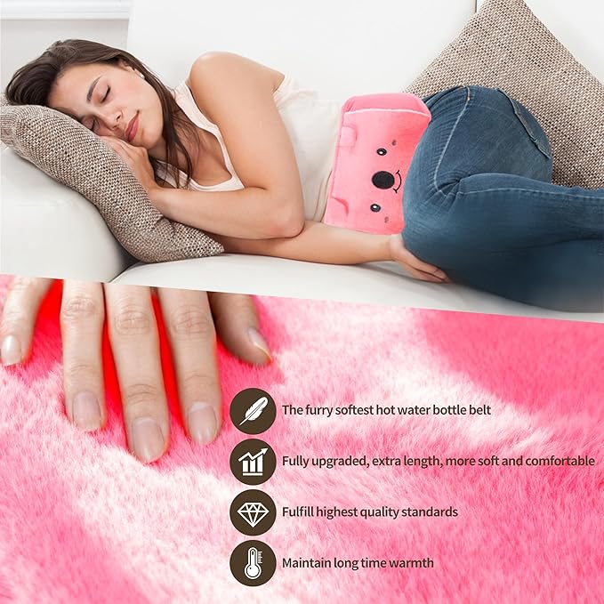 Hot Water Bag, Hot Water Bottle with Waist Cover for Menstrual Cramps, Pain Relief, Warm Water Pouch with Soft Plush Hand Waist Warmer Cover