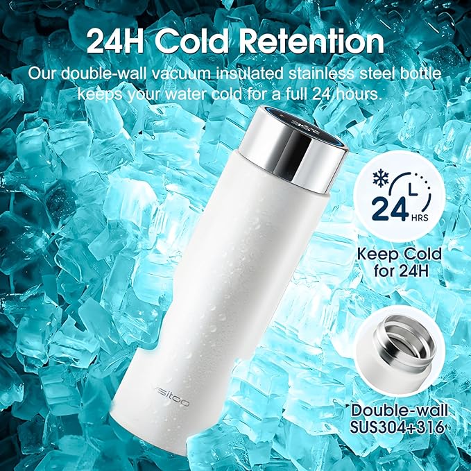 Vsitoo Smart self cleaning Insulated Water Bottle, 15oz Stainless Steel Vacuum Flask, AI Self-Clean, 30-Day Battery Life, BPA-Free, Magnetic Charging, Portable Travel Mug Gifts for Men Women, White