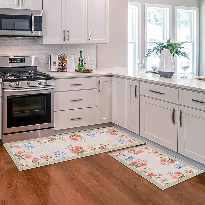 Pink Floral Kitchen Mats Set of 2, Boho Flower Kitchen Rugs Non-Slip Washable, Spring Home Decor Low-Profile Kitchen Mat for Floor Sink Laundry 17x30 and 17x47 Inch
