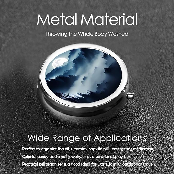 Pill Box, Small Pill Organizer with 3 Compartments and Mirror, Cute Round Portable Travel Metal Pill Case for Pocket or Purse, Privacy-Protecting Medicine Box-Moutain Moon Blue Black