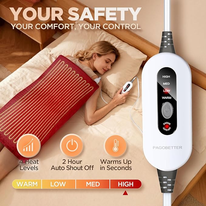 17''x33'' XXXL King Size Heating Pad with 4 Temperature Settings & 2 Auto-Off Countdown Timers, Pain Relief for Back/Neck/Shoulders/Abdomen/Legs, Christmas Gifts for mom dad (Red)