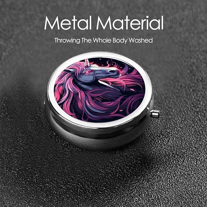 Evil Unicorn Pattern Pill Box 3 Compartment Pill Case, Portable Medicine Pill Organizer for Pocket Purse Pill Box Decorative Metal Medicine Vitamin Organizer