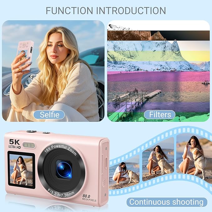 Dual Screen 5K Digital Camera for Vlogging with Fill Light - 80MP, 16X Zoom, WiFi, YouTube/Blogging, Includes 32GB Card & 2 Batteries (X9-Black)