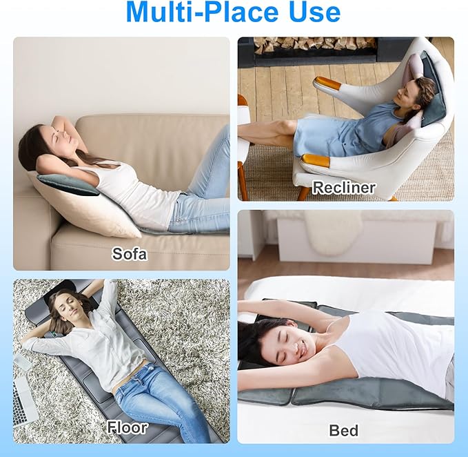 Full Body Massage Mat with Heat & Neck Lumbar Massager Pillow,Multifunctional Back Heated Mattress Pad with 10 Vibration Motors, 3 Heating Pads & 9 Massage Modes, for Neck Back Leg Pain Relief