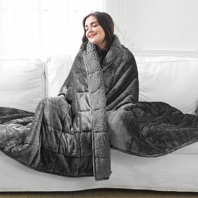 Aemicion Queen Size Weighted Blanket 15lbs,Plush Fleece Sherpa Heavy Blanket, Breathable Soft Weighted Blanket as Gifts for Women Man-Dark Grey