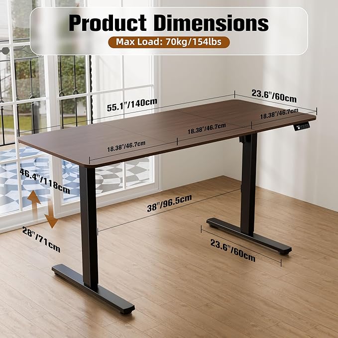 ERGOMAKER Electric Standing Desk, 55" x 23.6" Height Adjustable Sit Stand Desk with Splice Board for Home Office, Computer Desk Memory Preset (Black Frame, Walnut Desktop)