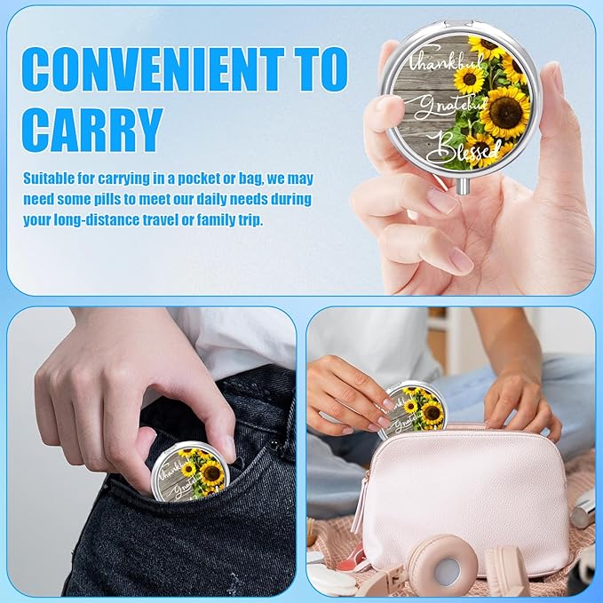 Vintage Sunflower Pill Case, Pill Box 3 Compartments Metal Small Pill Holder with Mirror Mini Travel Pill Container for Purse Pocket Women Men