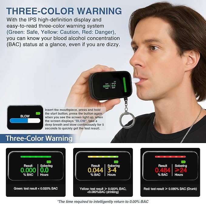 Portable Breathalyzers for Alcohol, Professional-Grade High Accuracy Alcohol Breathalyzer Tester Keychain, USB Rechargeable, 3-Color Warning & Sobriety Time Reminder, 10 Mouthpieces Included, Black