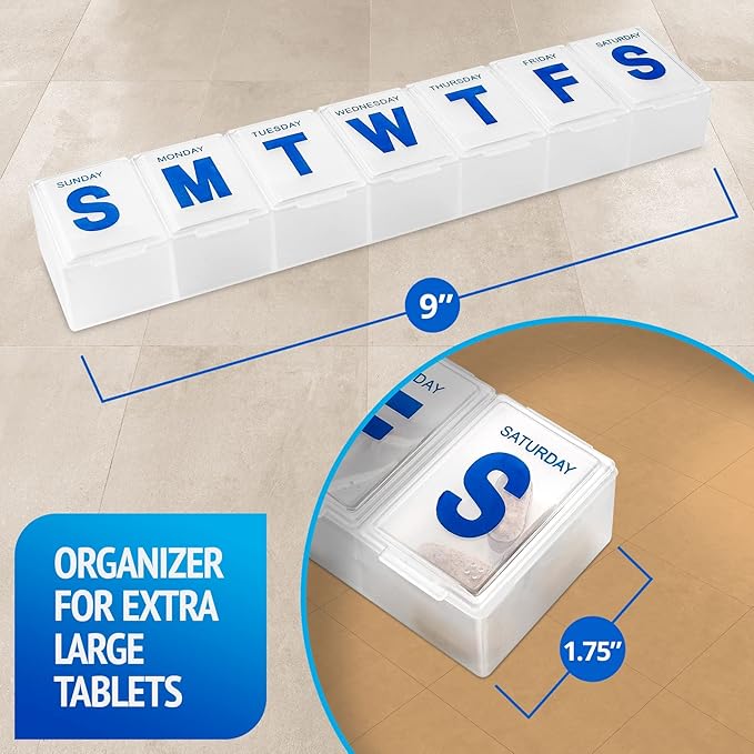 Weekly Pill Organizer - Extra Large Pill, Medicine, Vitamin Organizer Box, Weekly, Daily Planner Container with Easy to Read Letters, BPA Free - Daily Travel 7 Day Medication Pill Box Case