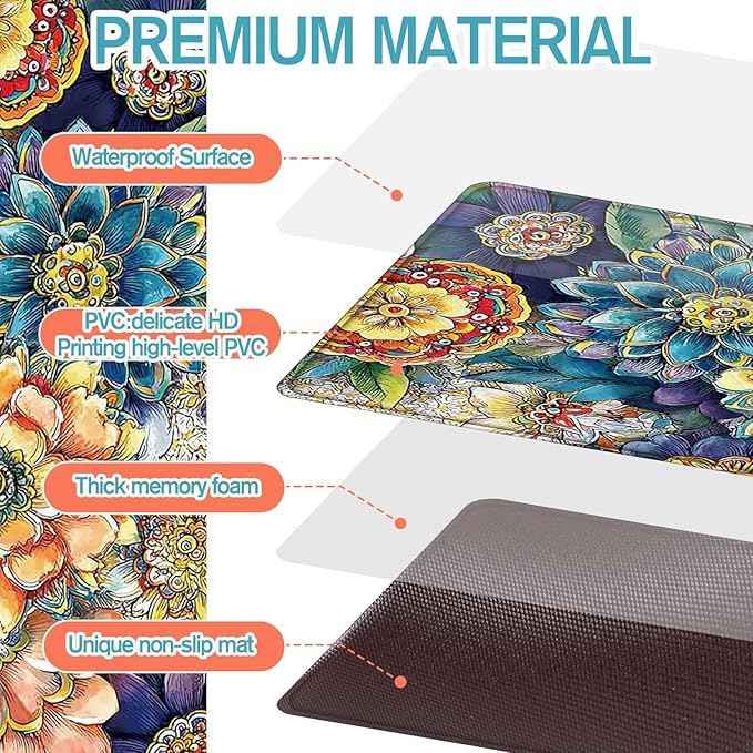 Dunzy 3 Pcs Spring Boho Floral Anti Fatigue Kitchen Mats for Floor Vintage Floral Cushioned Foam Mat Non Slip Waterproof Standing Rug Set for Sink Laundry Home, 17" x 29" 17" x 47" 17" x 59"(Boho)