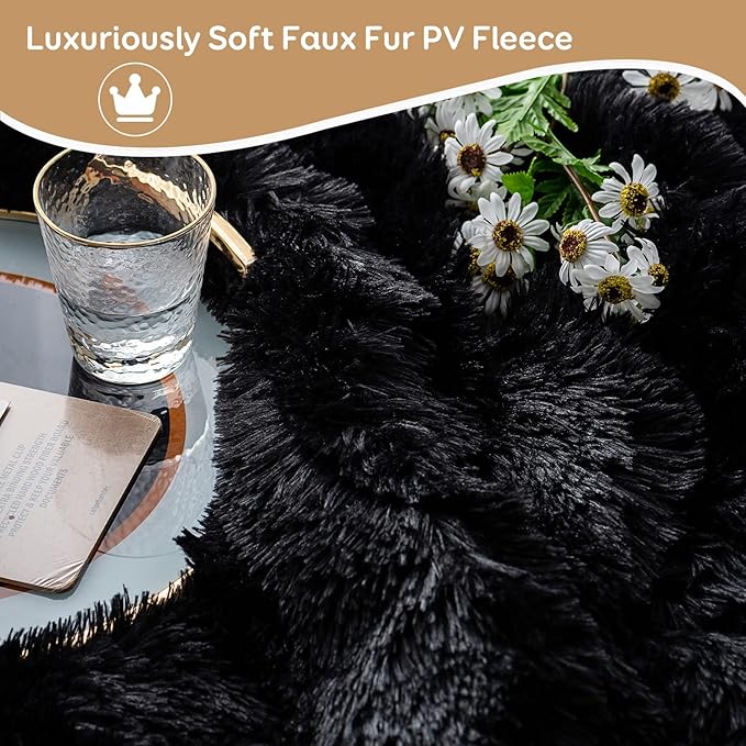 Cottonblue Faux Fur Weighted Throw Blanket 15lbs for Adults, Luxury Cozy Sherpa Plush Weighted Blankets 48x72 inches,Warm Elegant Microfiber Reversible Heavy Blanket for Couch Bed Chair, Black