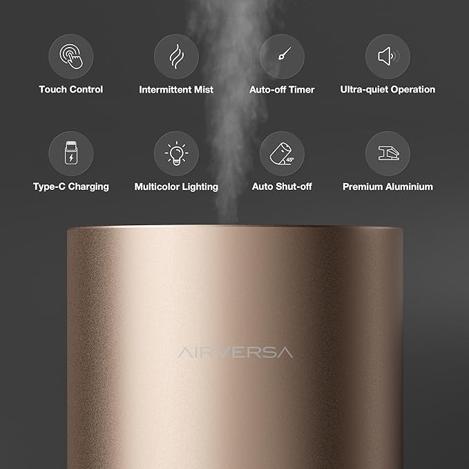 Airversa Waterless Essential Oil Diffuser for Home Room Desk Car Air Freshener Diffuser, Up to 600 sq ft, Battery Operated, Mist Level and Timer Settings, 100mL Capacity, Cold Air, RD1 Titainium