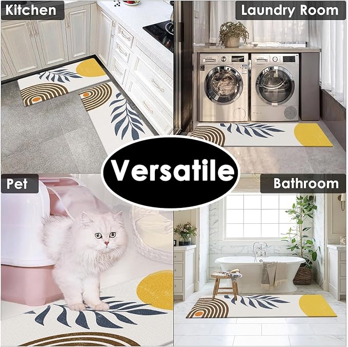 Anti-Fatigue Boho Kitchen Rug Set of 2 Cushioned Bohemian Rug Mat for Floor, Yellow Sun Standing Waterproof Non-Slip Mat PVC Ergonomic Comfort Foam Rug for Kitchen