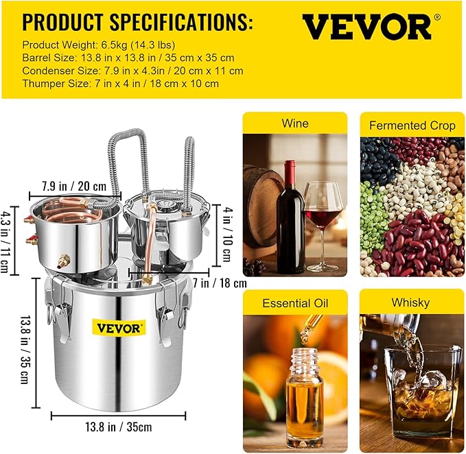 VEVOR Alcohol Still 8GAL/30L, Alcohol Distiller with Thumper Keg, Distillery Kit for Alcohol with Copper Tube & Build-in Thermometer & Water Pump