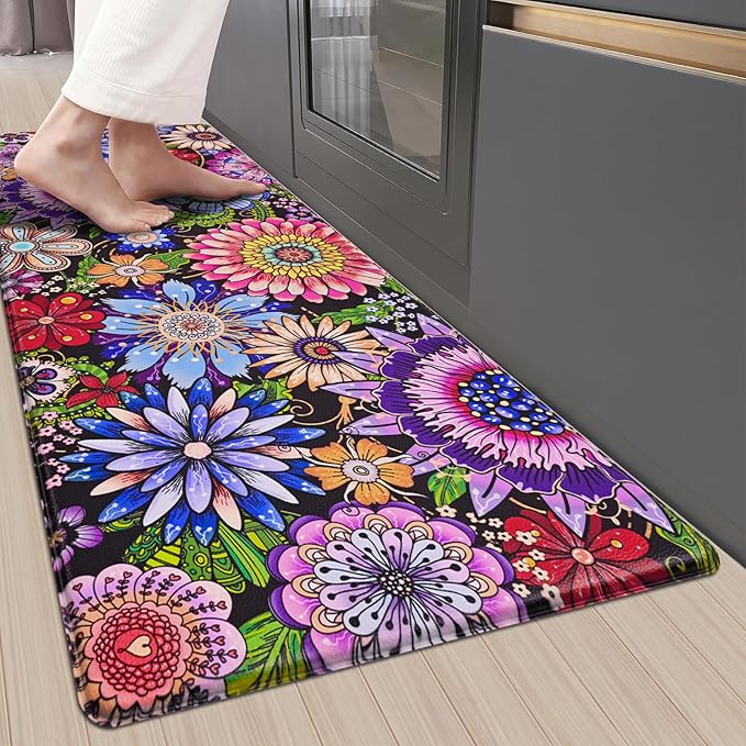 Likiyol Boho Kitchen Rugs Boho Floral Anti Fatigue Kitchen Mat for Floor Bohemian Flowers Non Slip Washable Kitchen Floor Mats, Comfort Standing Mat for Sink, Laundry, 18''x48'', 0.47" Th, Purple