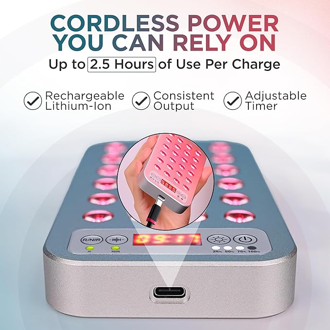The Mini Go Handheld Red Light Therapy Device, 24 LEDs, 5 Brightness Levels, Adjustable Frequencies, Rechargeable Battery, Red and Infrared Light Therapy, On The Go Light Therapy, Gray