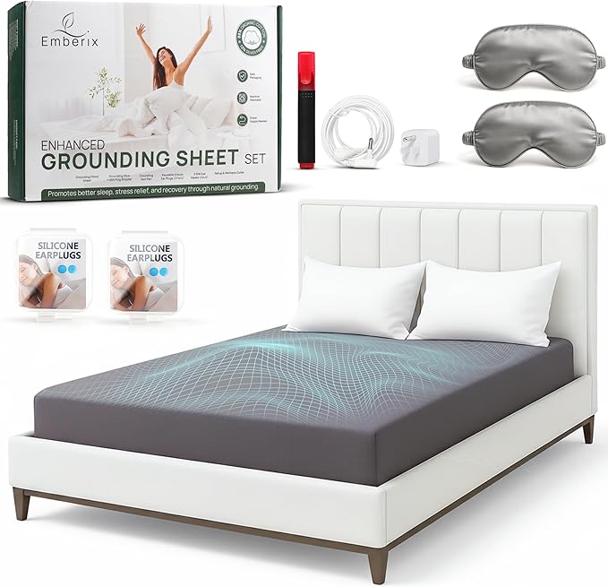 Emberix Grounding Sheets King Size, 12% Pure Silver Fiber Earthing Bed Sheet, 88% Cotton Soft & Breathable, Grounded Sheets Deep Pocket 15" with Eye Masks & Ear Plugs for Rest & Wellness (Gray)
