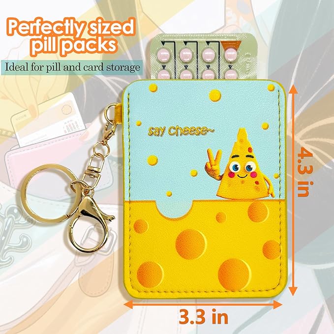 Discreet Birth Control Pill Case Holder - 4.3x3.3IN Portable Organizer with Detachable Metal Keychain, Cute Cheese Artwork Sleeve for Daily Protection (Fits Standard Pill Packs) (Yellow)