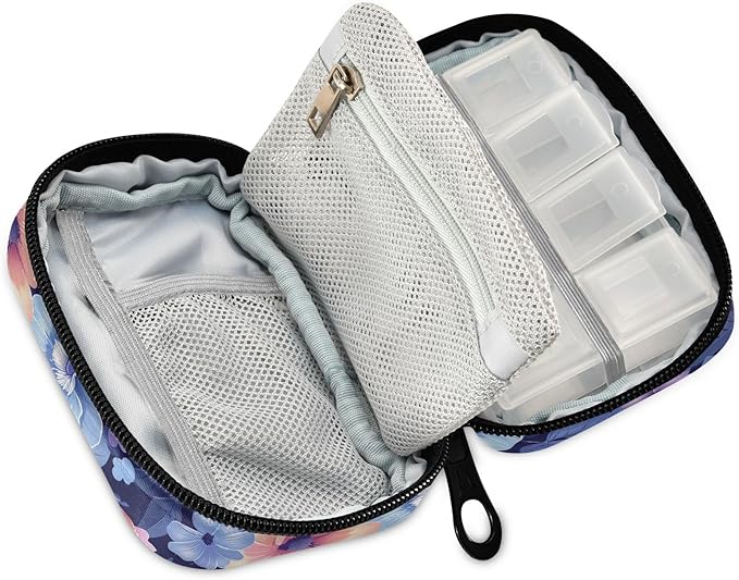 Cute Pastel Blue Flowers Travel Pill Organizer Case 7 Day Weekly Portable Pill Box Travel Vitamin Supplements Holder